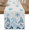 Christmas Blue Gnomes Winter Snowflake Linen Table Runners Table Decor Reusable Xmas Dining Table Runners Navidad Decorations 240325