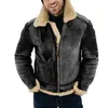 メンズジャケット厚いひび割り革シアリングコート冬の天然シープスキンファーウォームフェイクコントラストカラー男性ジャケット