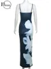 Casual Dresses Inwoman Spring Blue Printed Camisole Maxi Dress Beach Outfits For Women 2024 Sexig Backless Bodycon Long Vacation Sundress