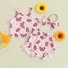 Zestawy odzieży Baby Girls Summer Shorts Bez rękawów kwiatowy motyl nadruk na głowę Ruffle 3 sztuki przez 0-24 miesięcy