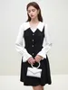 Robes décontractées fsle Col de remin-down Femmes Black White Patchwork Design Helpe-Longue Puff Sleed Female Robe A-Line