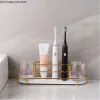 Baño de 3 piezas Soporte de cepillador de dientes eléctrico Set de un par de tazas de escritorio/soporte de montaje en la pared Soporte de dientes de vidrio enjuague bucal