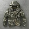 Men Military Jacket Denim Retro Cargo Hooded Jacketes Outdoor Multi Pockets Camo Tops Field Casual Fashion Hiking Coats Uniform 240327