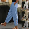 Women Elegant Elastic Waist Solid Long Pants Casual Cotton Linen Hollow Out Straight Fashion Buttons Loose Trousers 240402