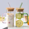 Wijnglazen 400 ml Glazen Tumbler Cup Mason Jar met bamboe deksel en stro vierkant transparant voor ijskoffie sapwater