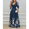 Feestjurken elegante dames zomer mode split mouw parels decor planten print casual v-neck half maxi jurk