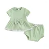 衣類セット幼児の女の赤ちゃんの夏の服ソリッドリブ付きニットニット半袖レーストリムボウノットチュニックシャツトップショーツセットかわいい2pcs衣装