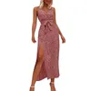 Casual Dresses Women's Summer Suspender Print Split Lace-Up Dress Fashionabla och enkla kläder för kvinnlig