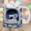 Muggar vintage keramiskt kaffemugg 350 ml kopp med handtag roligt arbete 3D platt målade symaskinmönster