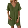 Summer Casual Overalls for Women Loose Ruched Short Sleeve V Neck Shorts Jumpsuits med fickor Rompers Solid Bib Sammantaget 240409