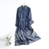 Casual Dresses Autumn Denim Embroidery Dress Women Lapel Collar With Belt Skirt Long Sleeve Loose Shirt Retro Spring D39553QC