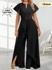 Summer Elegant Womens Vneck Irregular Jumpsuit Solid Color Short Sleeved Long Style Banquet 240409