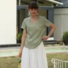 100% linnen dames vneck shortsleeved t -shirt zomer Frans Casual Solid Color Basic dunne dames t -shirts 240409