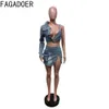 Fagadoer blauw sexy denim backless spleet tweedelig sets dames v nek een schouder lange mouw crop topmini rokken cowboy outfits 240408