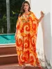 Frauen in Übergröße Orange Print Kaftan Stickerei gegen Nackenseite Split Strandkleid gemütlicher Haus Robe Badeanzug Decken Q1621