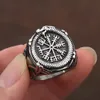 Vintage Nordic 14K Gold Compass Ring Mens Viking Symbol Aegishjalmur Pierścień Amulet Biżuter