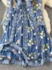 Robes décontractées Femmes Vintage Lace Long Robe printemps été élégant brodé Mesh French Blue Party Ladies A-Line Floral Robe