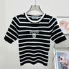 Designer Women's T -shirt High End Channel Classic Letter Brodery Striped Wool Friendly 5/4 Sleeve Slim Fit Short Thin Knit tröja Toppar Tees