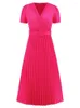 Abiti casual eleganti eleganti rosa rosa verde blu vestito midi a pieghe lunghe v al collo manica corta festa femminile estiva