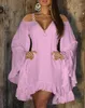 Robes décontractées mode robe douce femme sellow manche rouffles zipper Design épaule froide épaule extra-longue une ligne mini surdimension