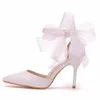 Crystal Queen Woman Satin Stiletto Elegant Ankle Strap Party Bowknot Sandaler Sexiga High Heels White Wedding Shoes 240403