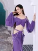 Scen Wear Belly Dance Dress for Women Mesh Pearls Sleeves Top Long Kjol 2st Suit Oriental Disumes Set Practice Outfits