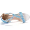 Chaussures habillées Crystal Queen Femmes Sandales Sky Blue en dentelle Fleurs Perle Tassel Bridal 9cm Fine Talons hauts Pompes minces Mariage H240409