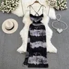 Casual Dresses Sexy Tie Dye Print Spaghetti Strap Mesh Dress for Women Elegant Summer Sleeveless Lace-Up Open Back Slim Split Midi Beach