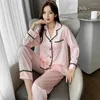 Roupas em casa 2pcs Faux Silk Setin Pijamas Conjunto feminino Mulheres Manga Longa Cantura elástica da cintura Soldwea