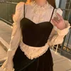 Blouses femininas vitorianas elegantes lolita feminino doce renda doce bandagem bagunça de manga longa camisas de manga longa coreana moda slim vintage top gótico