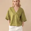 100% Linen Ladies Liew Vneck Half Highted Tshirt Summer Womens Classic Simples Casual Chic Tops 240409