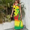 ジャマイカの色のカジュアルドレスヤシの木のドレス女性エレガントマキシvネックノースリーブストリートウェアグラフィックボーホービーチロング