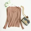 Women's Silk Thermal Underwear Top with V-Neck and Long Sleeves for Fall/Winter