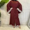 Etniska kläder Dubai Open Abaya Satin Lace Hijab Dress Muslim Kimono Cardigan Women Turkiet Kaftan Eid Ramadam Robe Gown Caftan Islamic