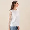 Elegante Volant Puff Manica Lunga Top Autunno Patchwork Perline Camicetta A Rete Trasparente Sexy O Collo ScaVa Fuori Camicia Donna Blusa Pulplio