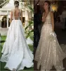 2024 Robes de mariée scintillantes une ligne V cou de cou back sans balayage Boue nuptiale Robe de Mariee Garden Western Country