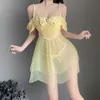 Yellow Temptation Sexig Sling Mini Dress Elegant Lace Perspective Bandage Design Pyjama Nightgown Sex Party Princess Nightdress 240402