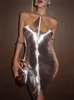 Сексуальная мода Metallic Halter Mini Dress для женщин Женщины без рукавов без спинки, сжимающие ласидос Леди Клуб клуб вечерний платье 240327