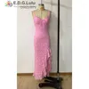 Abiti casual Edglulu Spaghetti Cingcio a V-Neck Lace-Up senza maniche Long Dress Sexy Abito Ricace Ricola rosa rosa rosa Ruffl