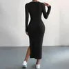 Casual klänningar stickad slits klänning smal mager långärmad rund hals randig tät midja midkalv längd sexig för kvinnor