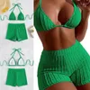 Women's Swimwear 2024 Womens Two Piece Halter Swimsuit Athletic Push Up Bikini Set With Boyshorts Ribbed Mesh Sporty Bathing Suit