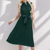 Casual Dresses Summer For Women Sleeveless Halter Neck Pleated Midi Cocktail A Line Flowy Beach Sun Dress With Belt