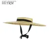 Chapeaux à bord large chapeau seau Femmes Raffia Chapeau de plaisance à bord large 12/15 / 18 cm Hat de paille plate Femmes Summer avec un ruban noir blanc crapat de soleil casquette y240409