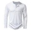 남자 티셔츠 남성 면화 버튼 헨리 목 셔츠 긴 소매 캐주얼 버튼 단색 패션 티셔츠 슬리
