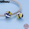 Wostu 925 Sterling Silver Charm Tennis Ball Volleyball Football Bead Pendant Fit Original Armband Halsband för kvinnliga smycken