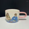 Mugs 350ML Hand-painted Long Handle Cup Painted Coffee Mug Cute Cartoon Oatmeal Kitchenware Embossed Ceramic Girl Heart