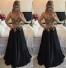 Elegant Black Gold Applique Beads Satin A Line Evening Dresses Long Sleeves Floor Length Formal Dress Evening Party Prom Dresses L9138140