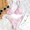 Dames zwemkleding vrouwen roze luipaard bikini set push-up gevormde bra strand badpak sexy micro open back driehoek voor