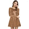 Casual Dresses Punk Vinyl Metallic Mini Dress Women Long Sleeve Round Neck Pleated Shiny Patent Leather Skating Clubwear Vestido