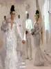 Sexig blygsam illusion Deep V Neck MeiMaid brudbröllopsklänningar långärmad unik paljett med kristallfjäderbröllopsklänningar Cutom MA4762386